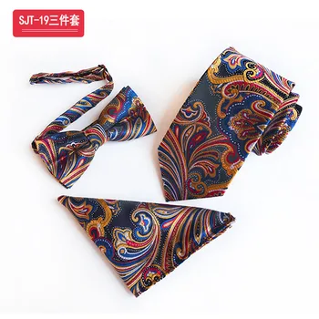 

3 Pcs Fashion Male Formal Ties Set Bowtie Pocket Square with Colorful Paisley Necktie for Men Gift