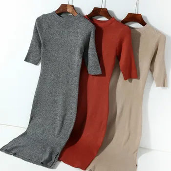 

Sexy Slim Long Knitted Dress Split Bag Hip Pullover Knit Bottoming Skirt O-Neck Half Sleeved Wild Basic Sweet Dress Tops 2018