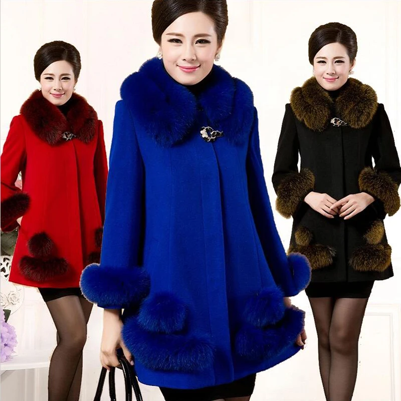 Высококлассное женское осеннее и зимнее кашемировое пальто для женщин среднего возраста с воротником из искусственного лисьего меха, длинное шерстяное пальто большого размера