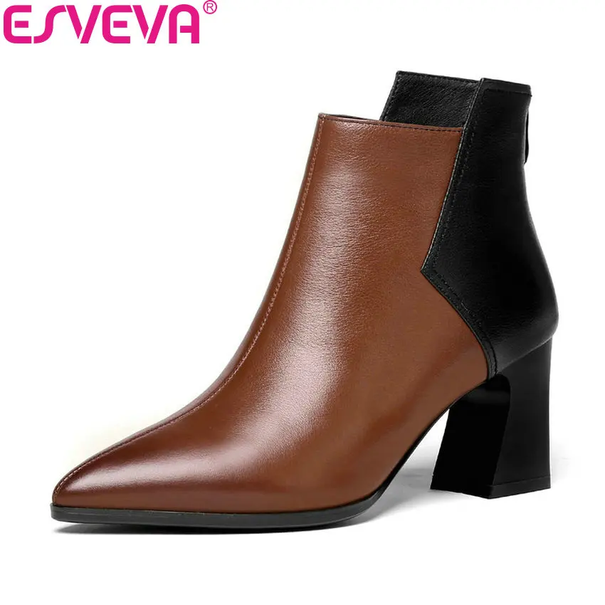 

ESVEVA 2019 Zipper Ankle Boots Square High Heels Shoes Woman Pointed Toe Cow Leather Boots Patchwork Boots Shoes Size 34-42