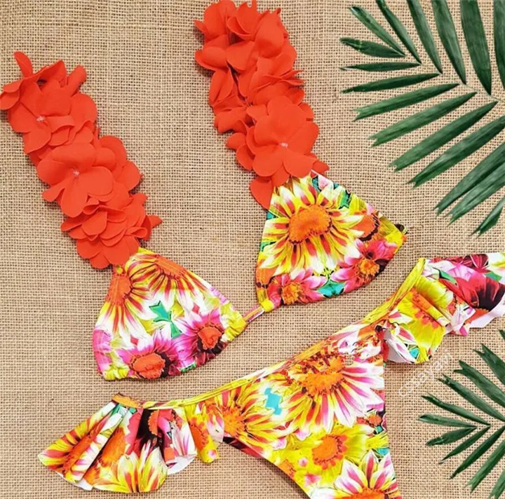 Ruffle Sunflower Bikini Print Floral Brazilian Biquine YellowTwo piece ...