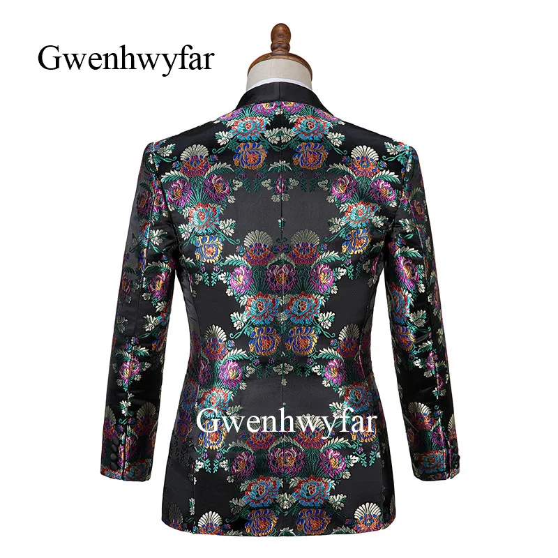 Gwenhwyfar Jacquard Flower Black Costume Slim Fit Double Breasted Vest Formal Male Suit Mens Groom Tuxedos Suit For Wedding