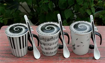 

1PC Music Mug cup Staff Notes Piano Keyboard Ceramic Porcelain Mug Coffee Caneca with Cover Creative Not Spoon gift OK 0308