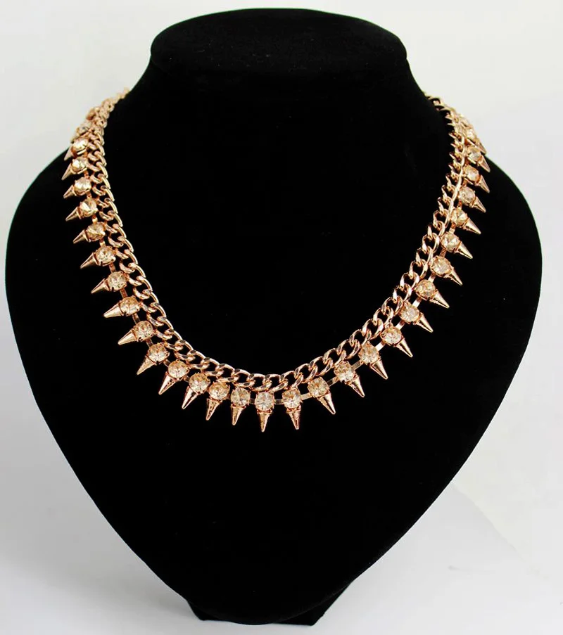 Spike Necklaces Punk Gold Alloy Metal Rhinestone Cone Rivet Statement