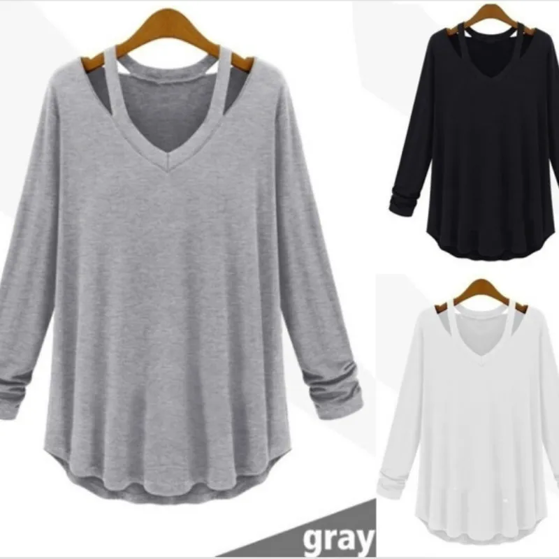 

Fashion Women's Casual Long Sleeve V-Neck Cotton Tee Shirt shoulder-length T-shirt solid color bottoming shirt