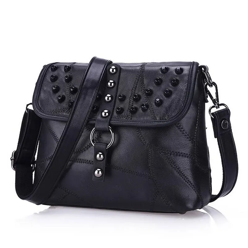 REPRCLA New Genuine Leather Bag Rivet Patchwork Women Messenger Bags Crossbody Fashion Designer Handbags Shoulder Bag L037