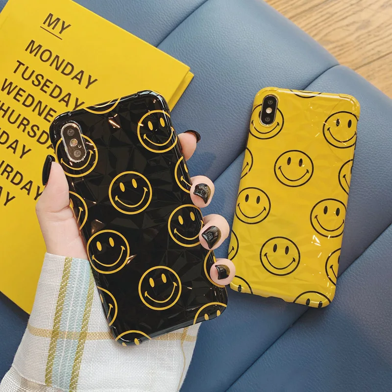 

Fashion Diamond Pattern Case For iphone 7 8 plus 6 6s Cover For iphone X XR XS Max Phone Cases Cute Smiley Face Soft Capa Funda