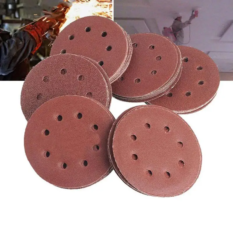 

50Pcs/set Red/Brow 125mm 5inch 8 Hole Sanding Discs 40 60 80 120 240 Grit Polishing Pads Sandpaper