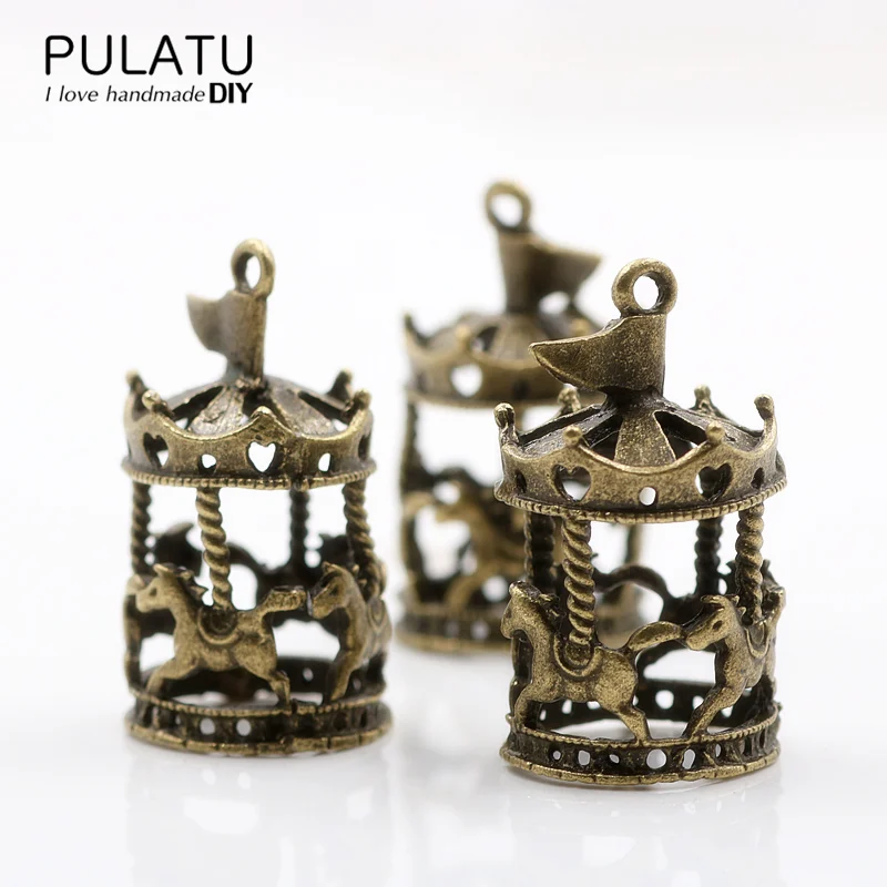 

PULATU 3D Carousel Filigree Antique Gold Color Alloy Material Cartoon Necklace Pendant Handmade DIY Jewelry Accessories