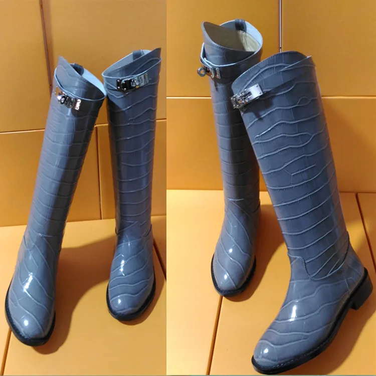 

Hot Autumn Winter Knee High Boots Round Toe Low Heels Slip On Boots Crocodile Leather Design Buckle Boots Plus Size Boots T