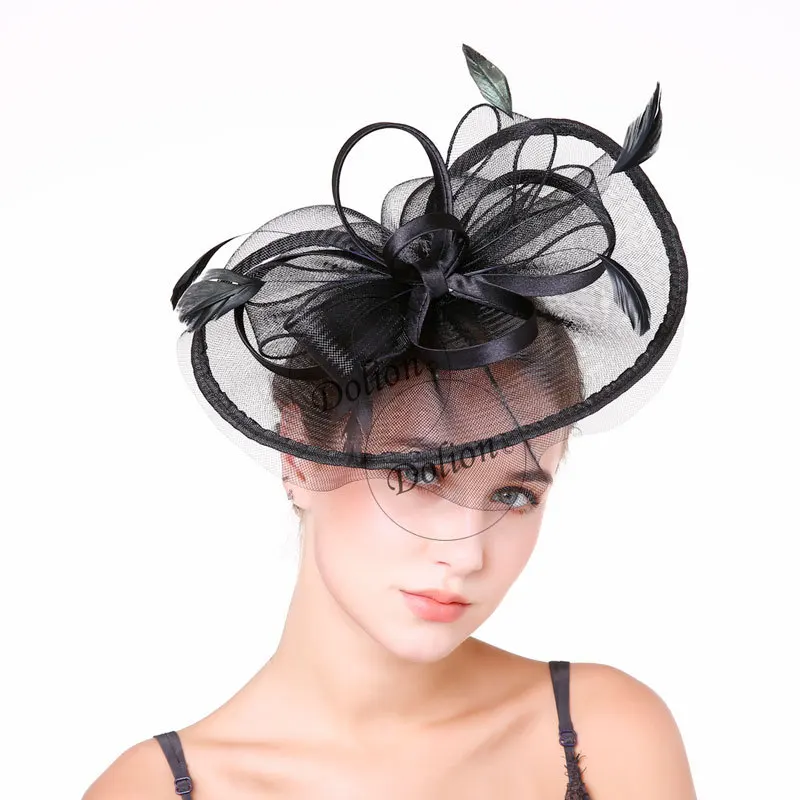 Freeander женские вышитые шляпы вуаль льняные фетровые пиллбокс шляпы для формальных британского стиля Розовые коктейльные вечерние свадебные шляпы черные - Цвет: Черный