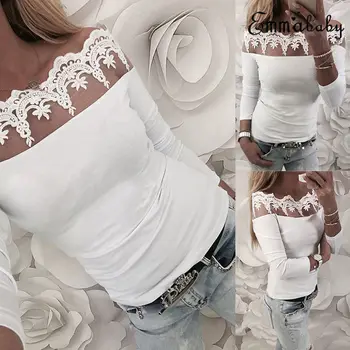 

Autumn T-shirt Women Casual Lady Top Tees Polyester Lace Off the Shoulder Female Brand Clothing T Shirt Top Tee Plus Size XL