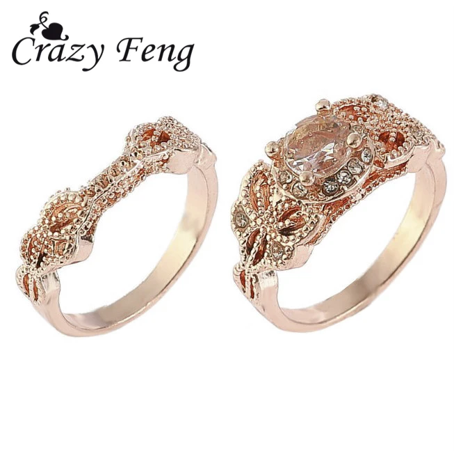 Crazy Feng Promise Couples Rose Gold Color Pairs Wedding Ring Set Engagement Double Finger Rings For Jewelry Gift