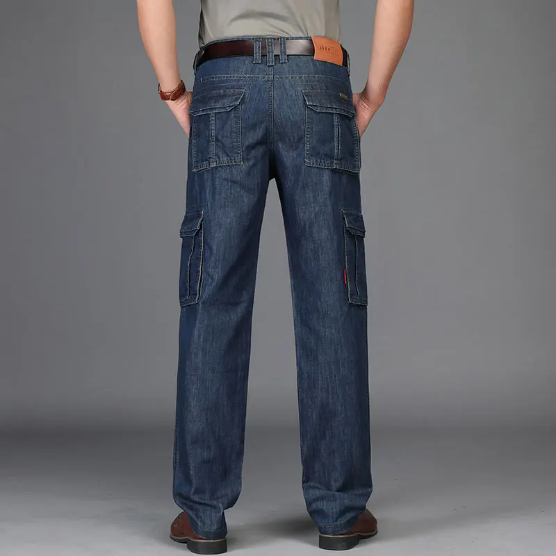 Summer JEEP Brand Cotton Cargo Jeans Elastic Men's Casual Full Length Retro Jeans Multi Pockets Cotton Pants Fashion Trousers 44 (37)