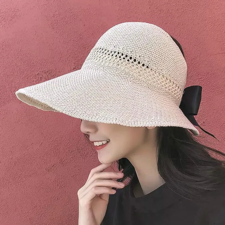 

2019 new soft foldable women's beach sun hat summer sunscreen bow big hat straw hat outdoor sun hat