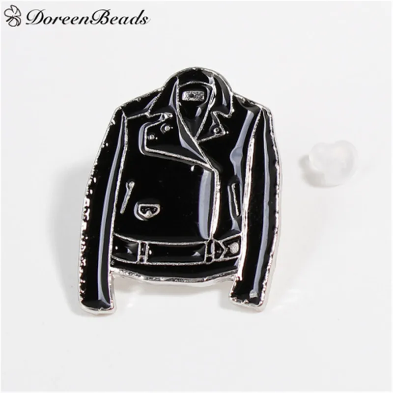 Doreenbeads Fashion Cool Pin Brooches Clothes Silver Color Black Enamel 