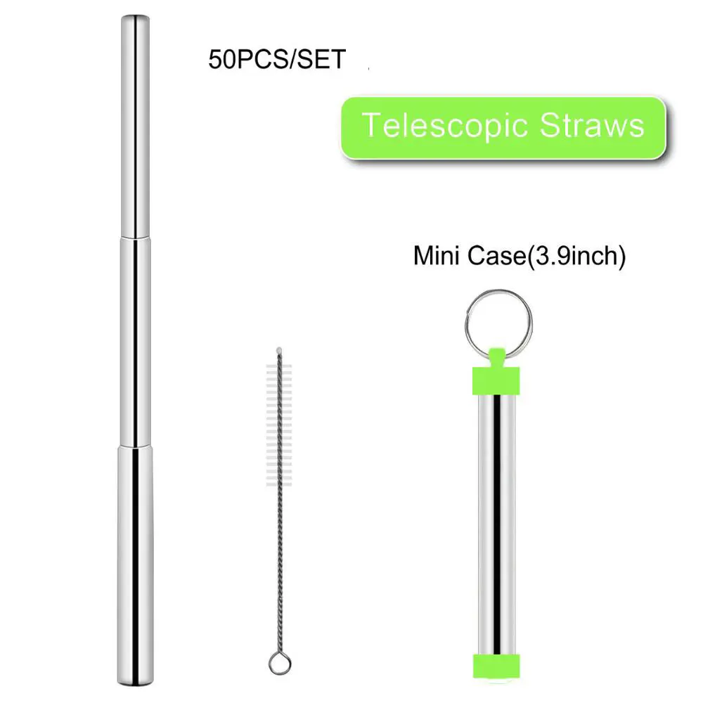 

Newest 50PCS Portable Reusable Stainless Steel StrawsThree-Section Adjustable Telescopic Straight Straw Set with Cleaning Brush