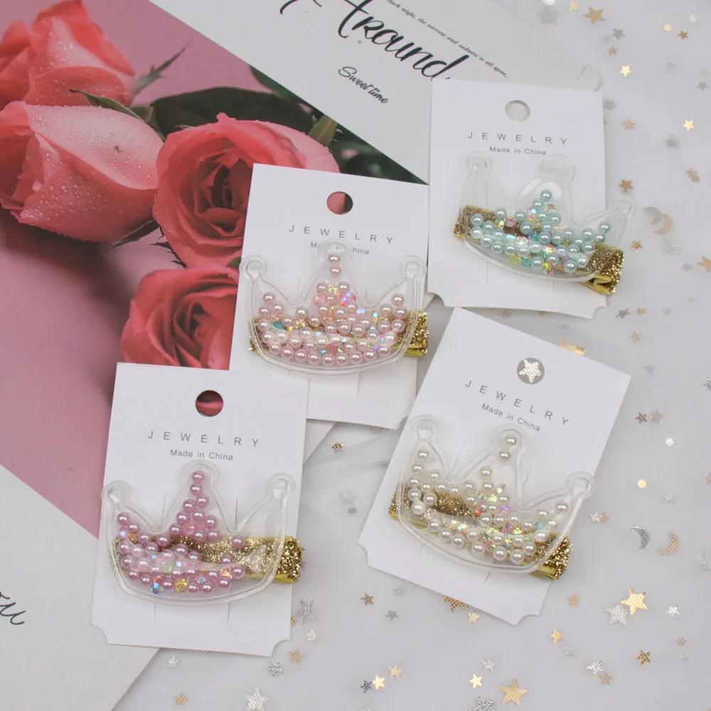 

AHB Princess Crown Hair Bows Clips for Girls with Colorful Pearls Gold Glitter Hair Barrettes Handmade Fashion PVC Hairgrips