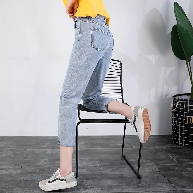 Винтажные Женские джинсы для женщин в стиле бойфренд джинсы для мам с высокой талией рваные джинсы повседневные штаны-шаровары Корейская уличная одежда джинсовые штаны