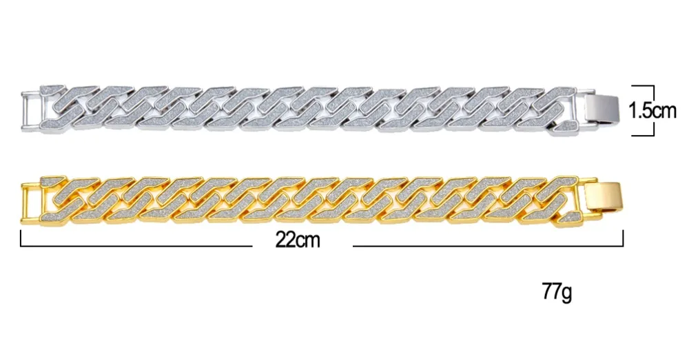 Стиль, Пескоструйный браслет, кубинская цепочка, хип-хоп золотой тон, тяжелый 15 мм широкий мужской браслет 8,5 дюйма