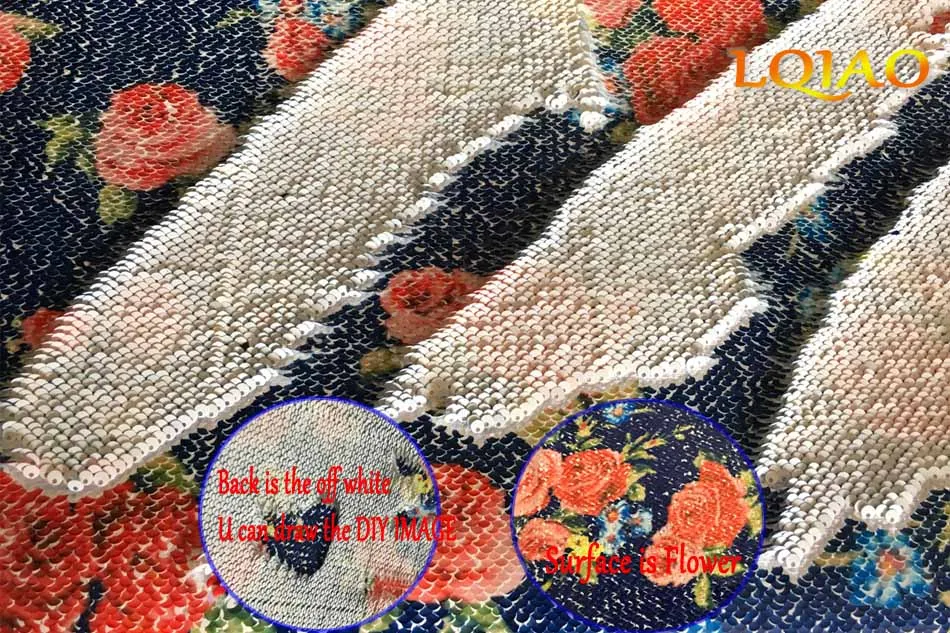 Русалка рыбьей чешуи Реверсивный блесток ткань с вышитой переливающийся Радуга/золото ткани для свадебное платье DIY craft Швейные - Цвет: Print Dark Rose Off