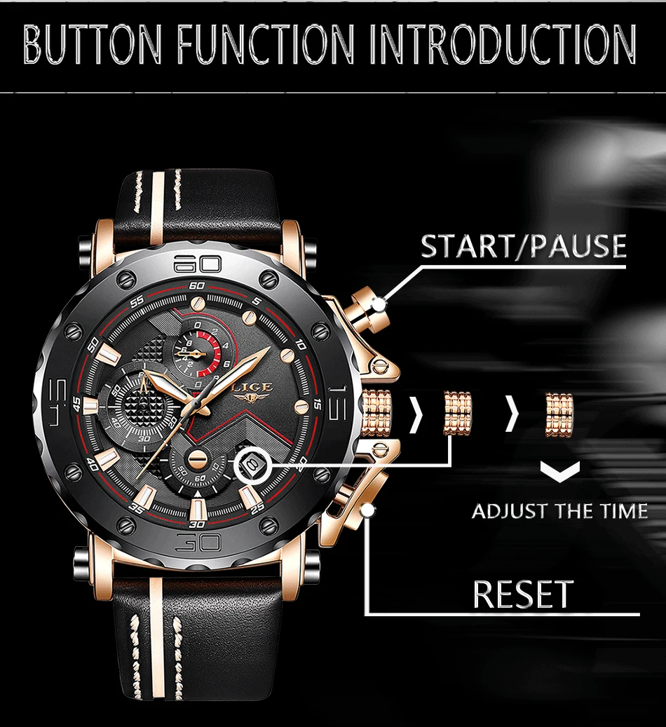 2019LIGE New Fashion Mens Watches Top Brand Luxury Big Dial Military Quartz Watch Leather Waterproof Sport Chronograph Watch Men 9