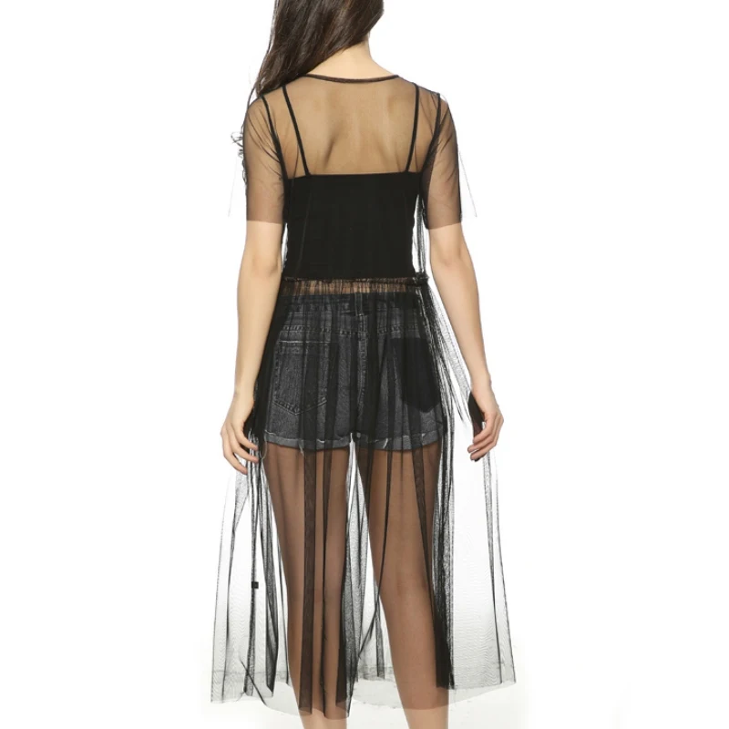 

EFINNY Women Transparent Black Perspective Pleated Dress Short Sleeve O-neck Mid-calf Dress fashion Pleated Vestidos