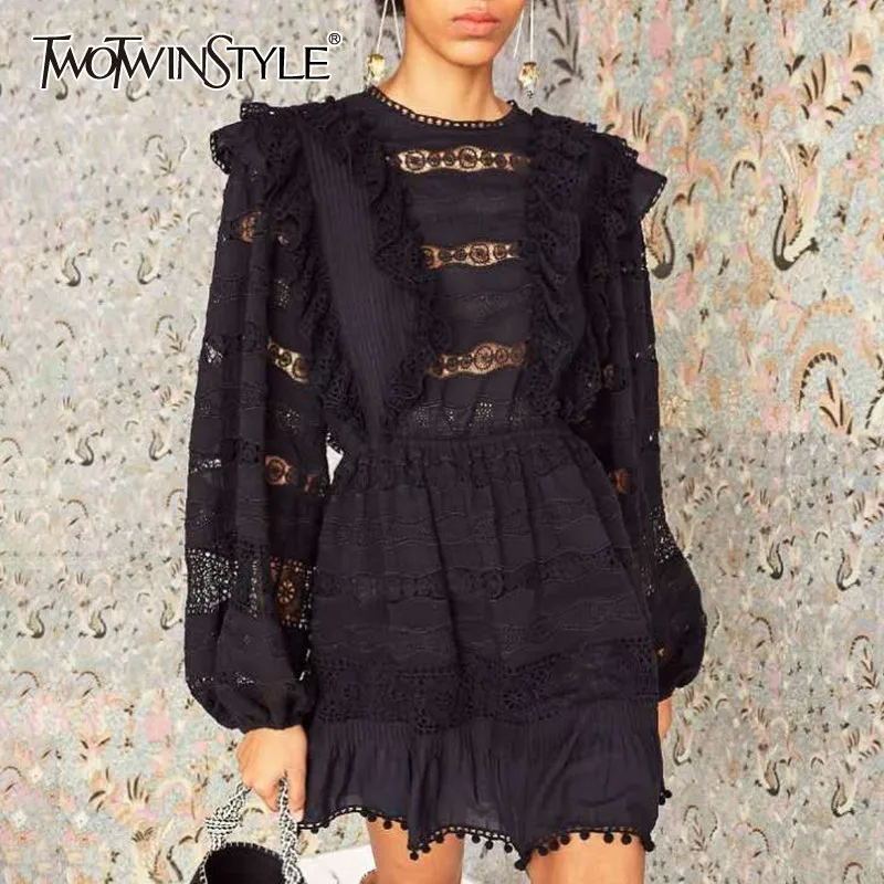 

TWOTWINSTYLE Elegant Hollow Out Women Dress O Neck Lantern Sleeve High Waist Slim Mini Dresses Female Fashion 2019 Summer New