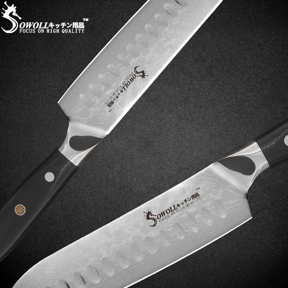 Sowoll 7 дюймов нож Santoku Дамасская сталь острое лезвие Нескользящая ручка фрукты