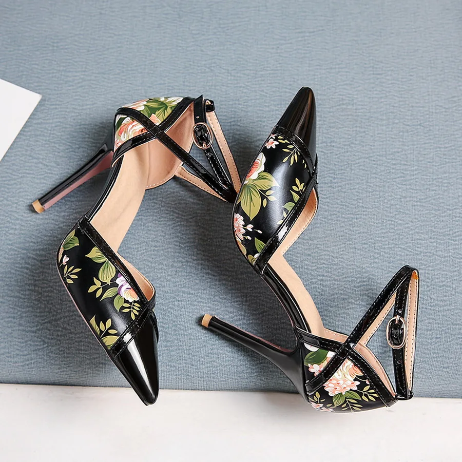 EVCHAR/сандалии на тонком каблуке с цветочным принтом; женские босоножки с острым носком; Летняя обувь; обувь на очень высоком каблуке; женская обувь; большие размеры; 31-47