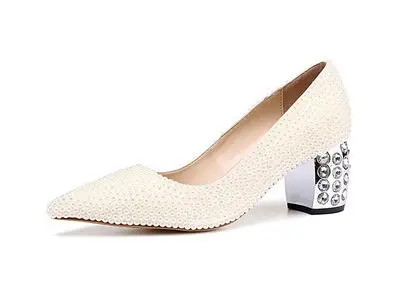 

Women Elegant White Pearls Embellished Pointed Toe Shallow Pumps Summer Crystal Decoration Heel Slip On Dress Wedding Shoes