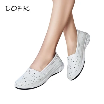 

EOFK 2019 Handmade Summer Hole Women Loafers Flat Leather Moccasin Shoes Woman Slip On White Ladies Shoes Casual Flats Moccasins