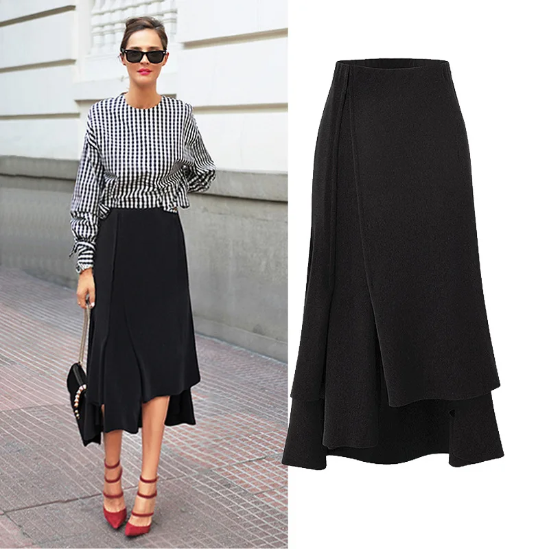 

2018 New Style Oversize Medium Style High Waisted Irregular Hem Solid Color All Matched Zipper Mid-Calf Temperament Skirt