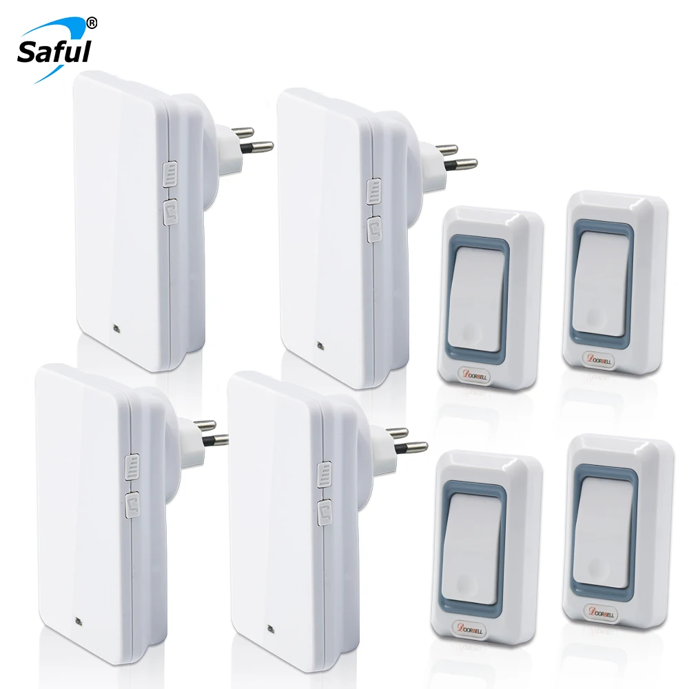 

Saful Wireless Doorbell Waterproof with 4 Outdoor Transmitters + 4 Doorbells Receiver White color Doorbell EU/US/UK/AU Plug