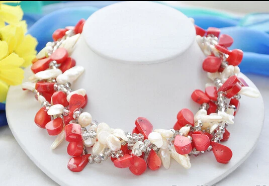 

Miss charm Jew821 4strands white tail pearl red melon seeds coral crystal NECKLACE 18inch