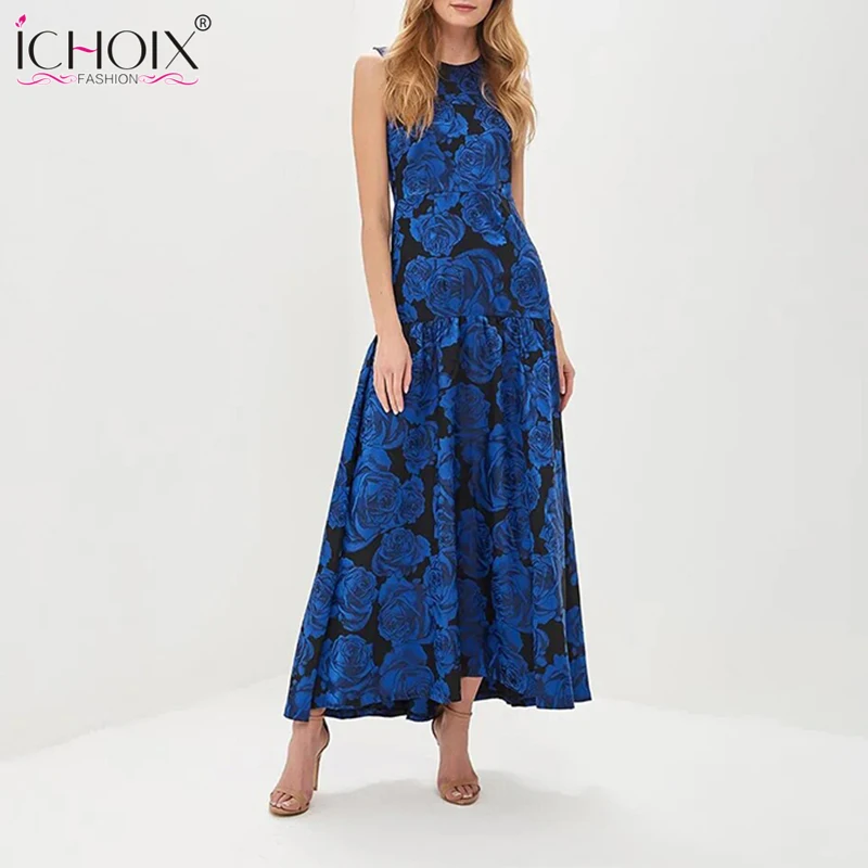 

Casual Summer Sleeveless Dress Long Maxi Dress Women Vintage Floral Print Beach Dress Blue Red Elegant Boho Floor Length Vestido