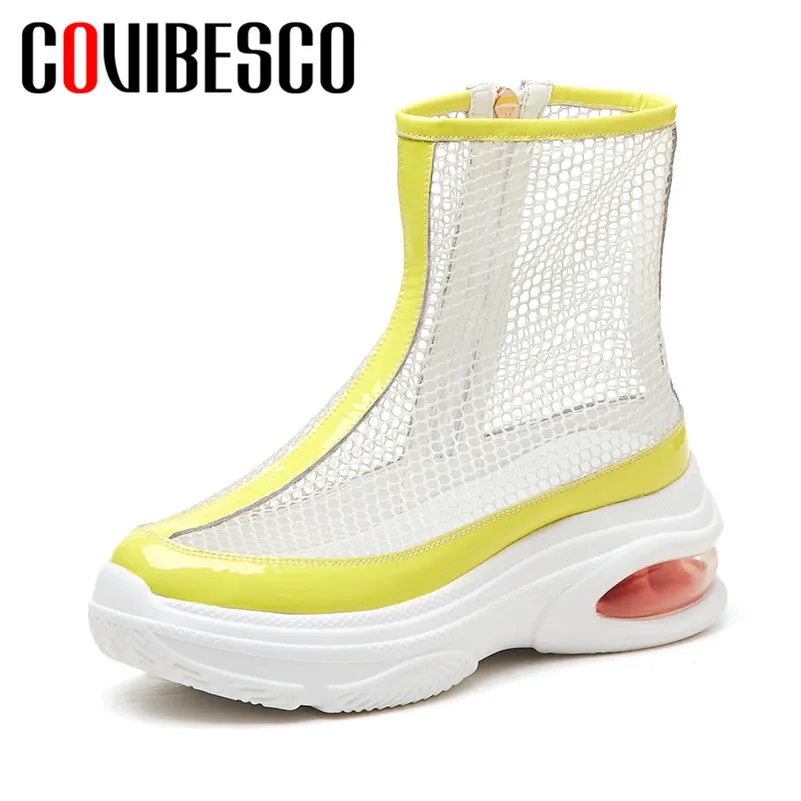 

COVIBESCO Brand Design Round Toe Women Ankle Boots Zipper Genuine Leather Breathable Mesh Hollow Summer High Heels Casual Shoes