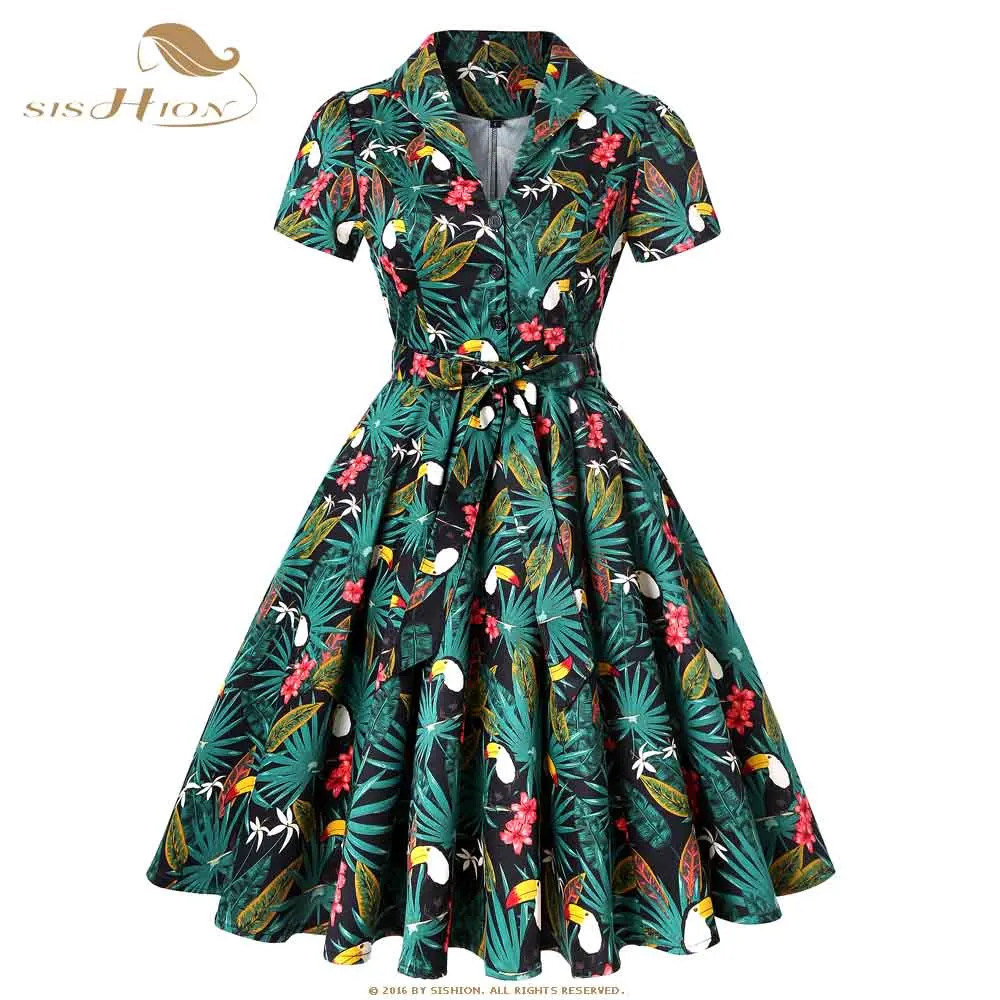 SISHION попугай Palm цветочный принт Винтаж платье плюс размеры цветочный хлопковая туника для женщин дамы качели рокабилли платья для SD0002 - Цвет: Parrot Palm Dress