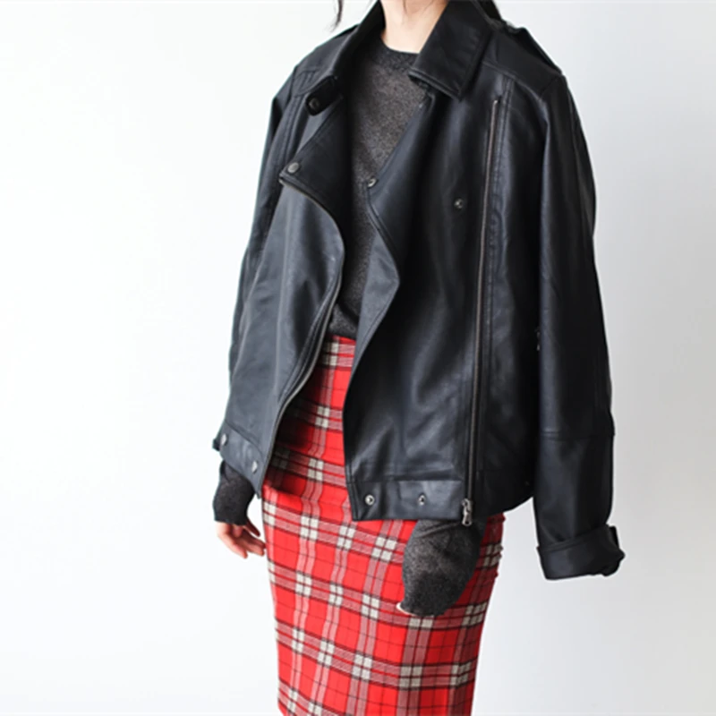 2 colors XS XL Oversize Leather Jacket Women Jackets Coat Motorcycle