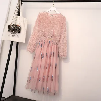 

HAMALIEL Women's Plus Size 2PCS Set 2019 Spring Pink Tassel Long Sleeve Sweathirt Suits And Embroidery Floral Mesh Skirt Suits