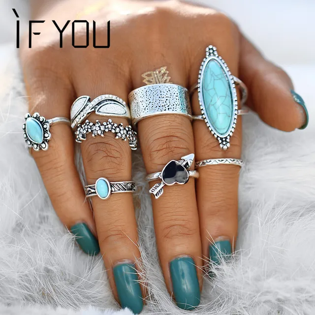 IF YOU Vintage Boho Big Blue Stone Heart Finger Ring Set For Women Midi Knuckle IF YOU Vintage Boho Big Blue Stone Heart Finger Ring Set For Women Midi Knuckle