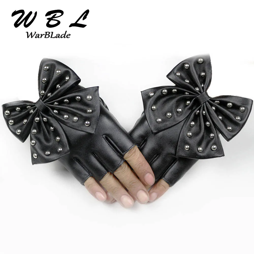 

WarBLade Women's Fashion Leather Gloves Black Fingerless Gloves PU Leather Big Bow Mittens Half finger Ladies Luvas Dancing New