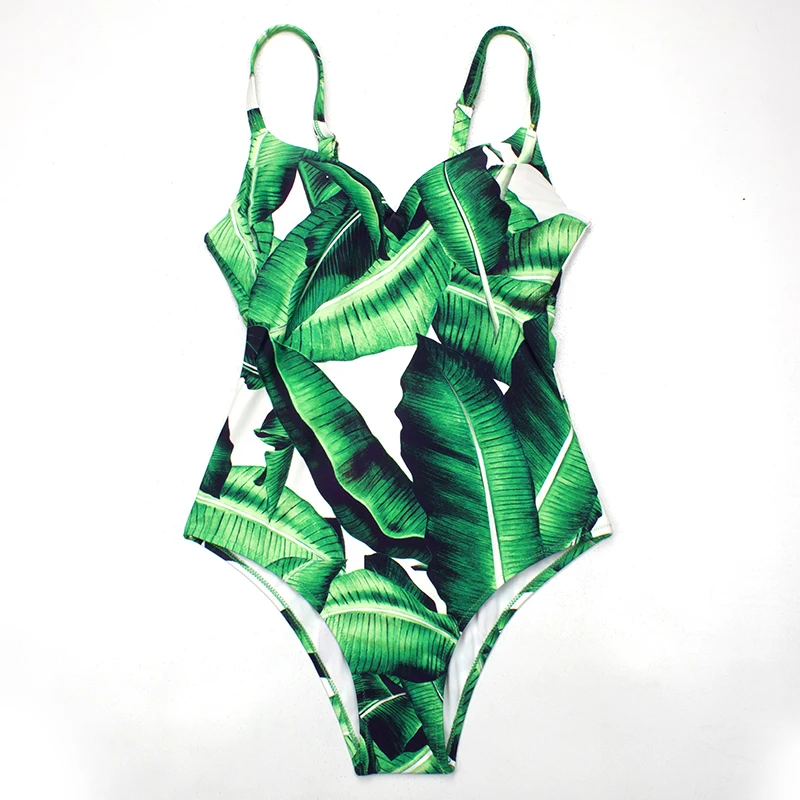 

ESSV Green Leafy Print Swimwear One-Piece Swimsuit Women Hollow Out Swimwear Sexy Padded Bodysuit Bathing Suit Summer Beachwear