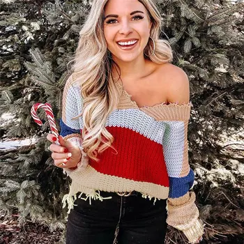 

HITOM PRINCESS Rainbow Striped Sweater For Women V Neck Fringe Ripped Pullover Tops Autumn Winter Sexy Knitted Women Sweater