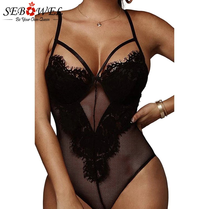 Black-Sheer-Eyelash-Lace-Teddy-Bodysuit-LC32355-2-2 