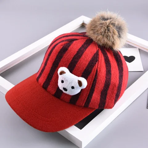 Новая модная детская шапка viseira с милым медведем, шляпа козырек для волос Meng, детская полосатая ворсистая Кепка с медведем, детская теплая шапка - Цвет: red