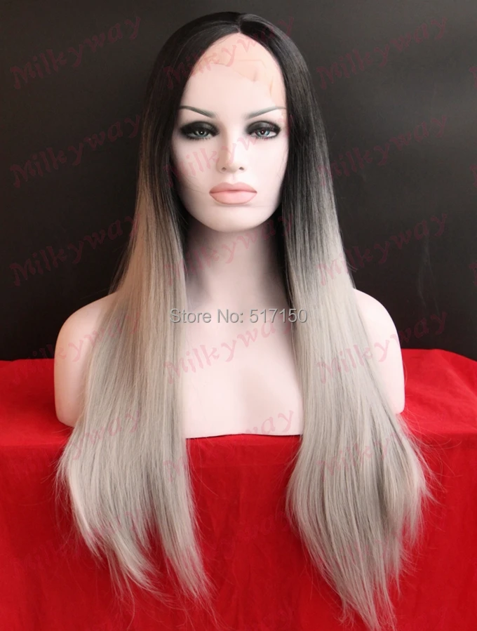 

Free Shipping in stock ombre black to gray two tone glueless dark roots to grey synthetic lace front wig