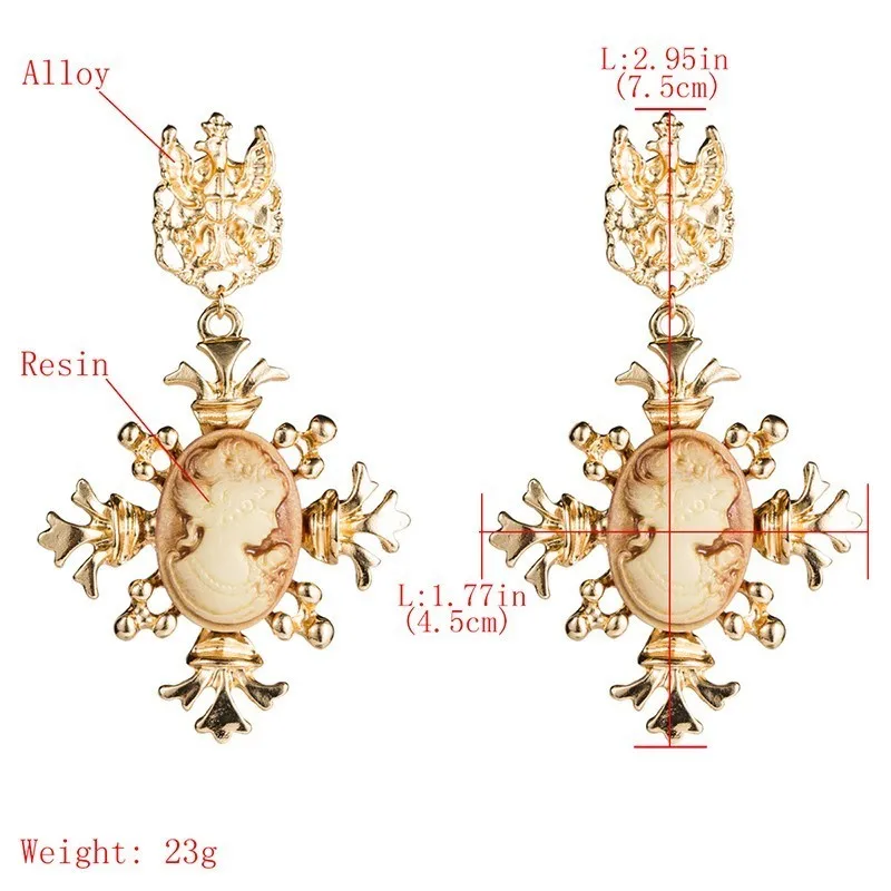 JOUVAL Court Portrait Girl Vintage Drop Earrings For Women Baroque Gold Alloy Big Dangle Handmade Earings Female Jewelry Brincos