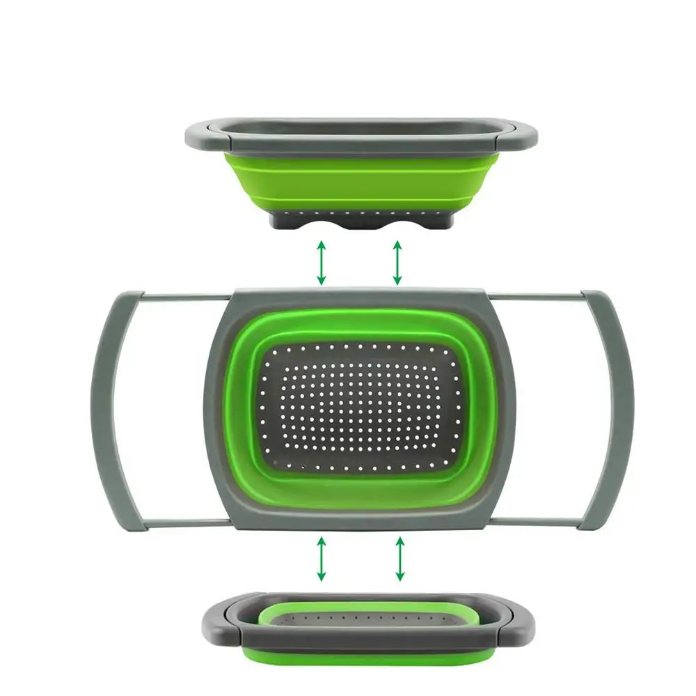 Большой складной силиконовый дуршлаг для фруктов и овощей, корзина для мытья над раковиной, сетчатый фильтр, складной Слив с ручкой, кухонный инструмент - Цвет: 1 Square Large Green