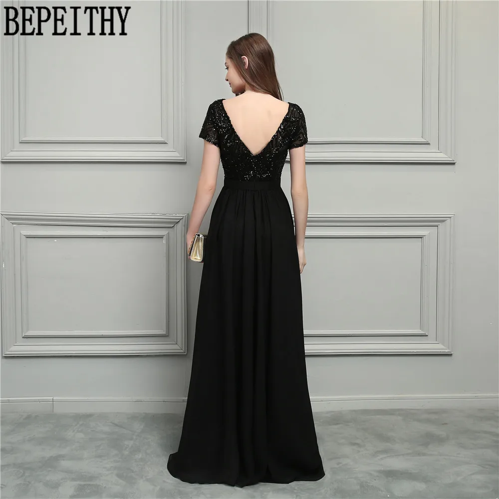 BEPEITHY vestido de festa Longo Scoop короткий рукав черный блёстки шифон Длинные мать невесты платья, выпускное платье 2019